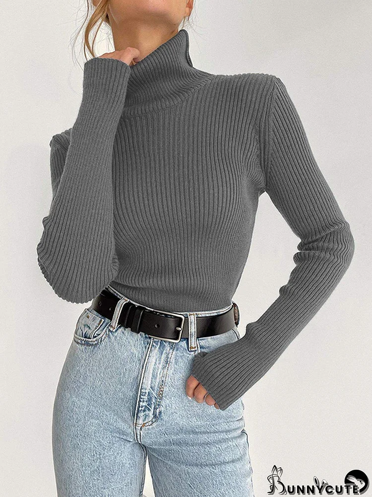 Long Sleeves Skinny Solid Color High Neck Pullovers Sweater Tops