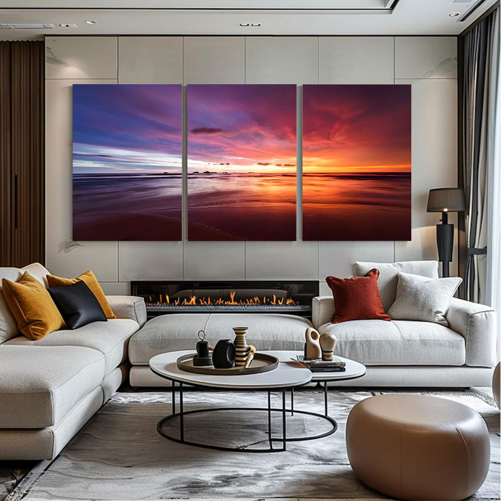 3-Piece Set Red Purple Long E*posure Seascape Canvas Art