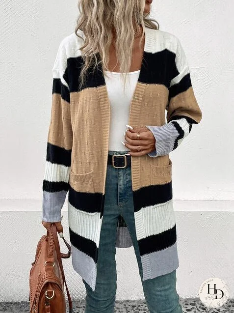 Color Block Open Front Drop Shoulder Cardigan