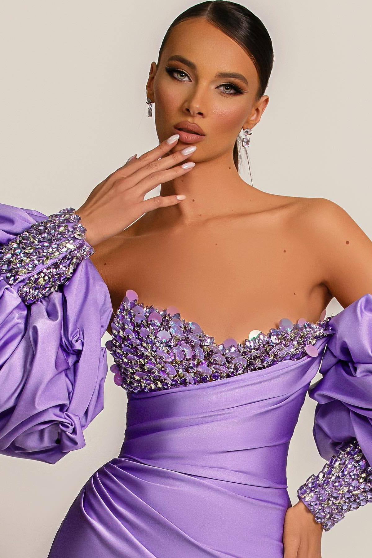 Daisda Purple Mermaid Prom Dress With Appliques Puff Sleeves