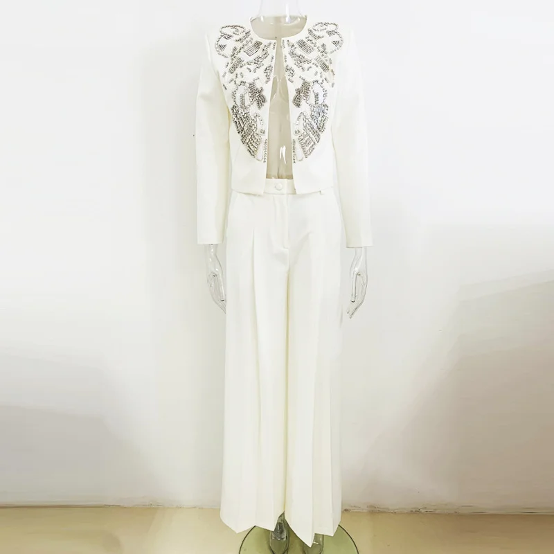 Nigikala Nigikala New Fashion Round Neck Heavy Industry Nail Beads Short Jacket Broad Leg Trousers Set Two Sets