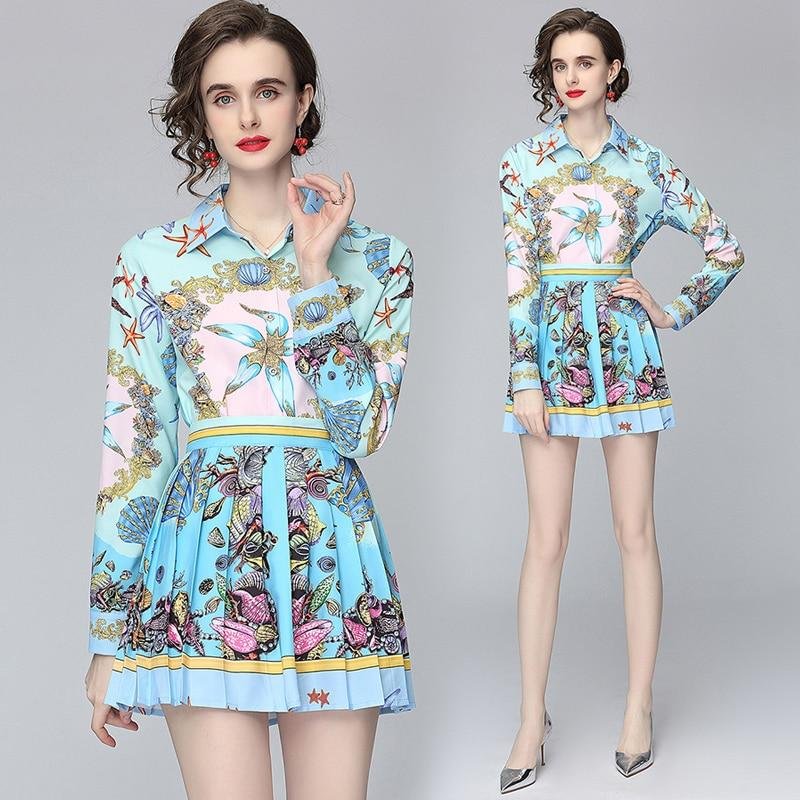 New Casual Printed Shirt + Pleated Half Skirt Fashion Ladies Suit