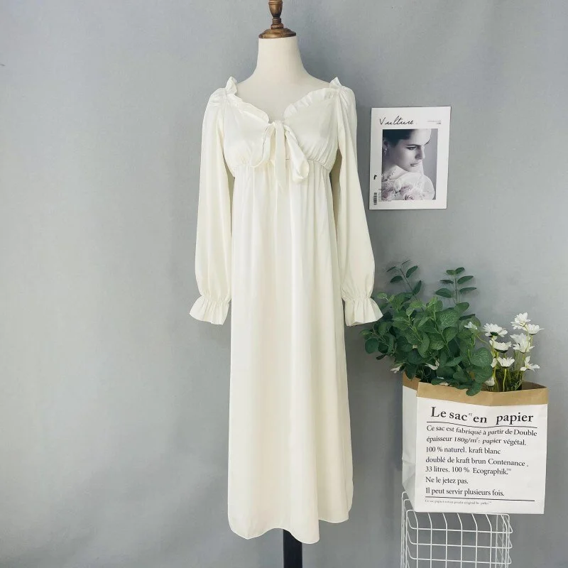 Sleepwear Spring Long Nightdress Court Style Square Collar Nightgown Sleepwear Casual Bathrobe Home Dress Satin Loungewear