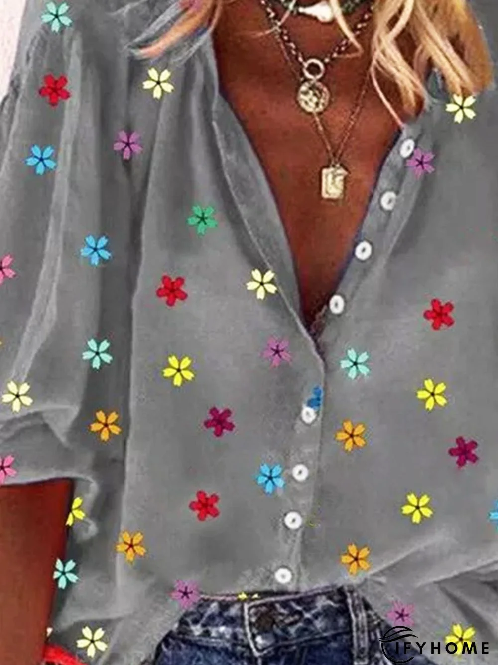 Gray Floral Printed 3/4 Sleeve Stand Collar Casual Shift Blouse | IFYHOME