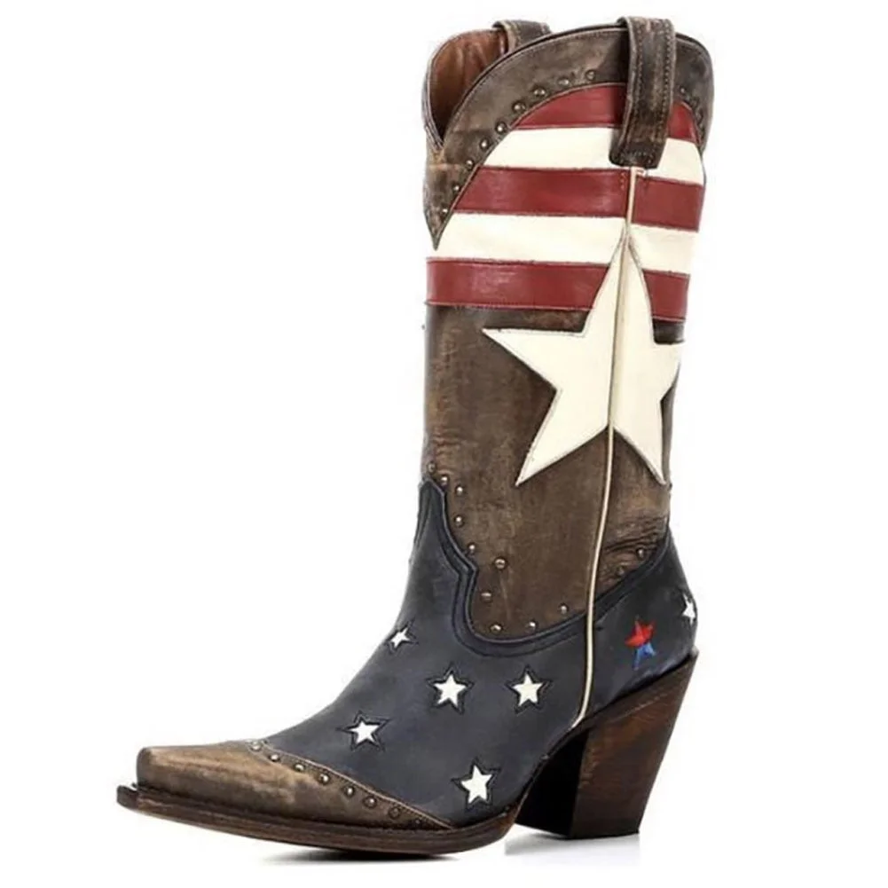 Female Vintage Cowboy Flag Chunky Heel Slip On Western Women Boots Cowgirls Retro Brand Autumn Ridding Boots For Women