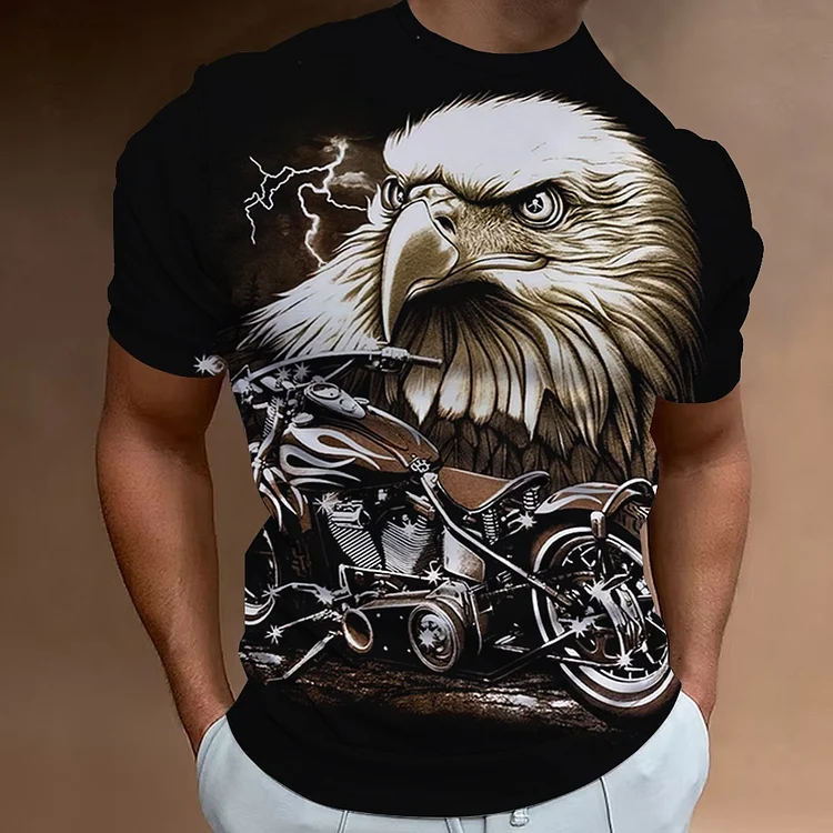 Kakacloud American Eagle Pattern Men's T-Shirt 3D Motorcycle Print Tees Short Sleeve Retro Tops Summer Men's Clothing Oversized Pullover