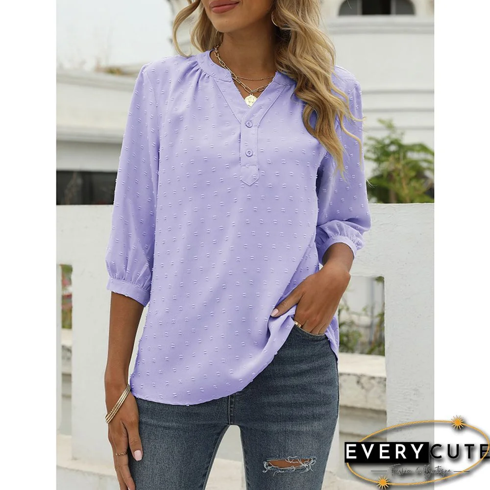 Light Purple Swiss Dot Jacquard Button V Neck 1/2 Sleeve Tops