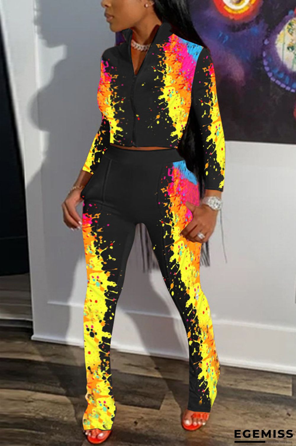 Sky blue and yellow and Rose-carmine venetian England Print Loose Long Sleeve Two Pieces | EGEMISS