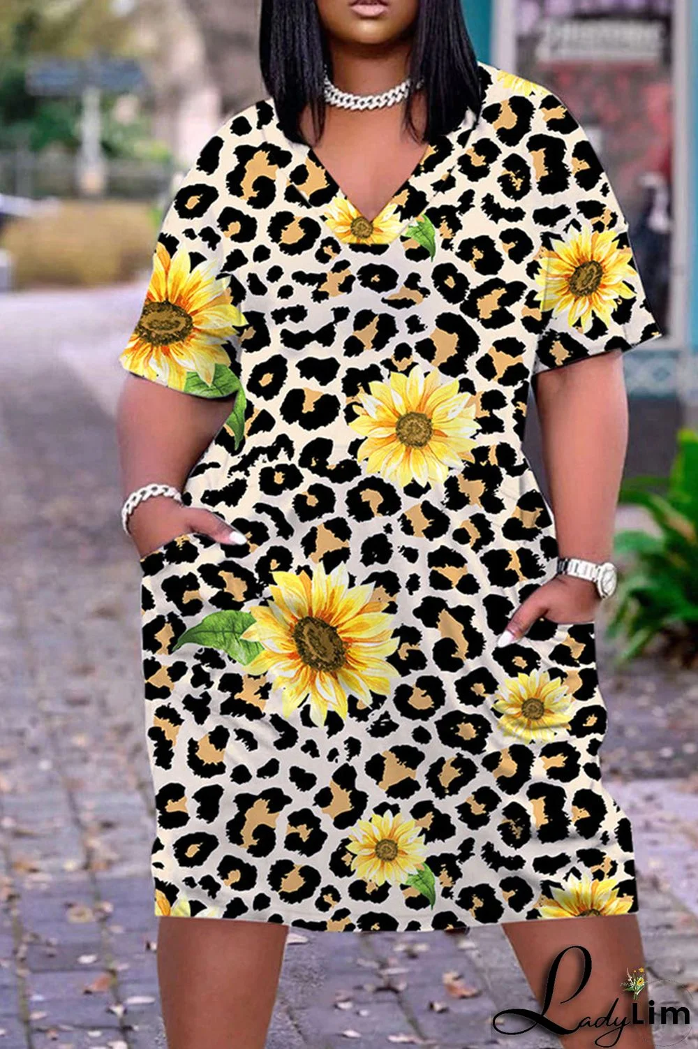 Light Brown Casual Work Print Patchwork V Neck Straight Dresses