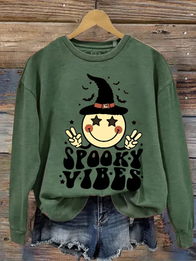 Spooky Atmosphere Halloween Smiley Witch Hat Print Sweatshirt