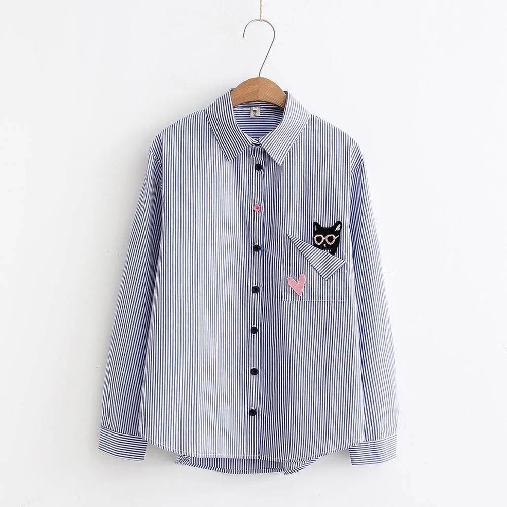 New Arrival Cat Heart Cartoon Embroidery Striped Blue Shirt Cotton Long Sleeve Pocket Blouse Cute Student Female Top T98602F