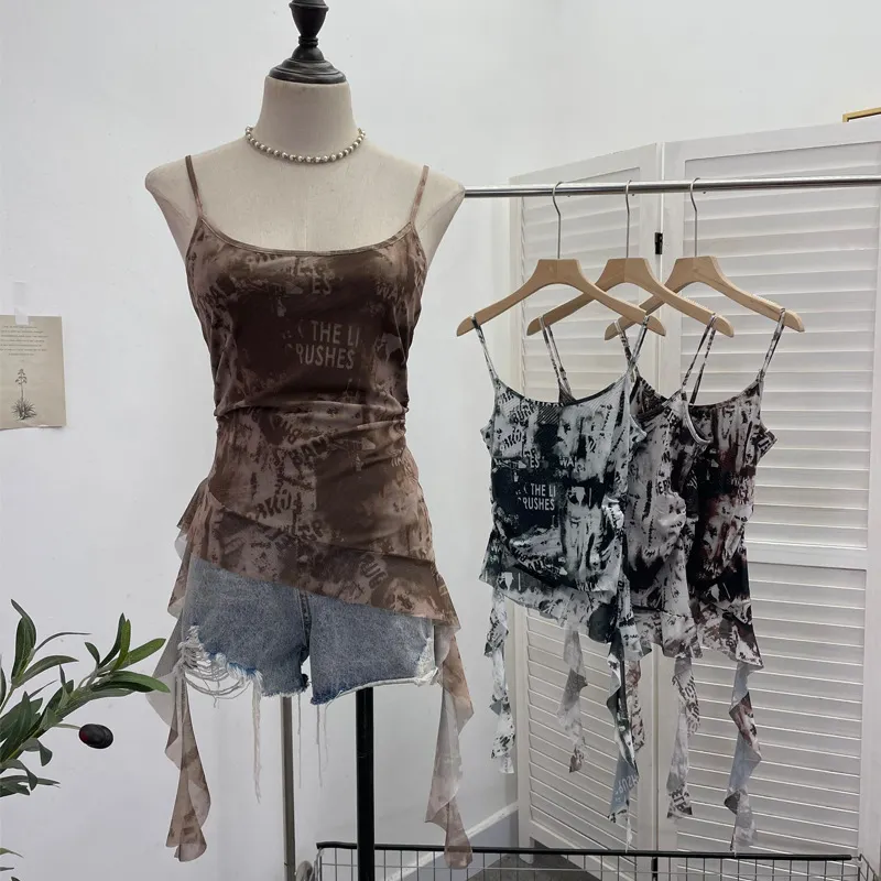 Brownm Solid Shooting Wasteland Style Personality Letter Tie-Dye Printing Mesh Sling Sling Babes Irregular Tuxedo Small Vest 9965
