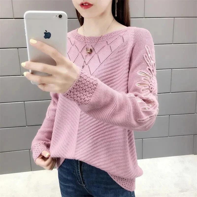 Colourp Korean Style Hollow Out Sweaters Women 2023 Spring Fashion Glitter Knitted Jumper Woman Short Loose-fitting Female Top