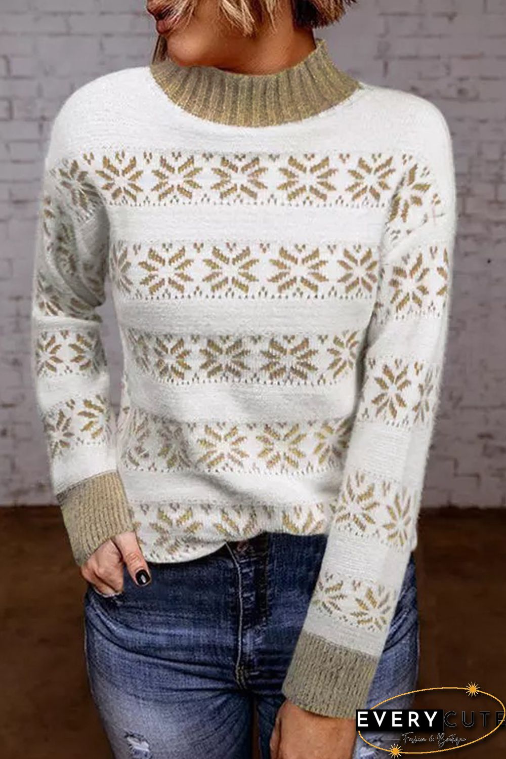 White Christmas Snowflake High Neck Knit Sweater
