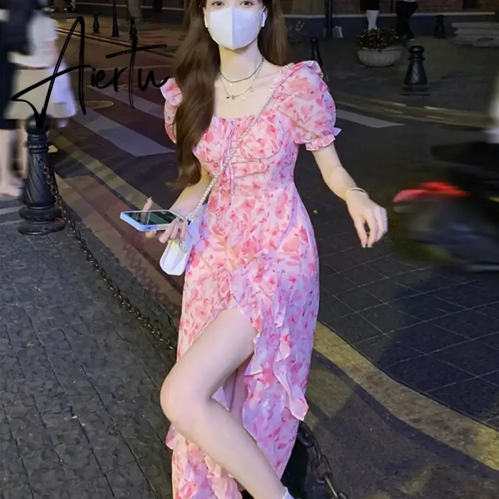 Aiertu Floral Dresses Women Irregular Korean Style Slit Casual Ankle-length Ins Summer Fashion Puff Sleeve Ruffles Female Chic Tender Aiertu