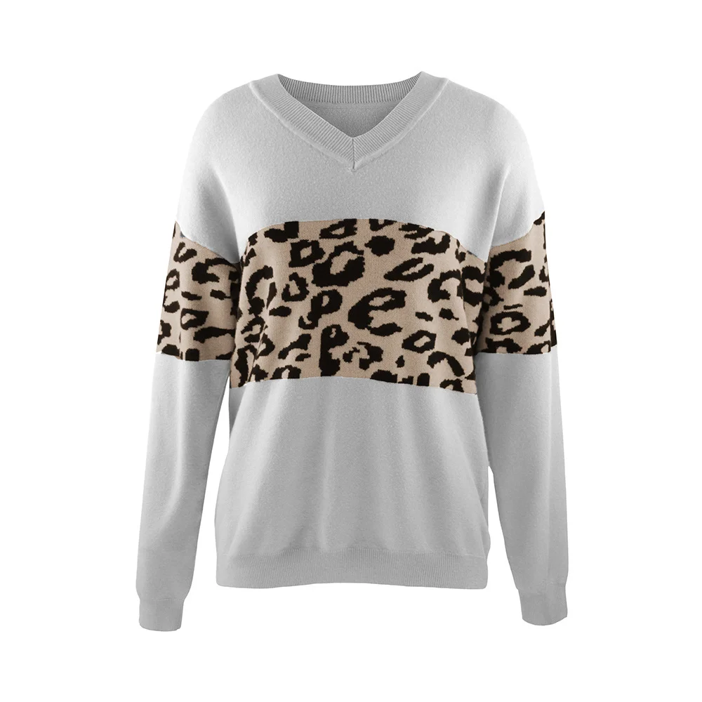 Athvotar Athvotar Autumn And Winter New V-Neck Spliced Knitted Shirt Women's Jacket Leopard Print Women's Sweater