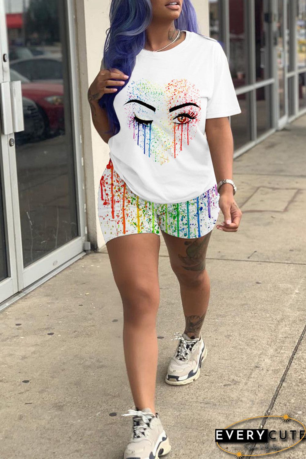 Fashion Casual Print Basic O Neck Short Sleeve Two Pieces