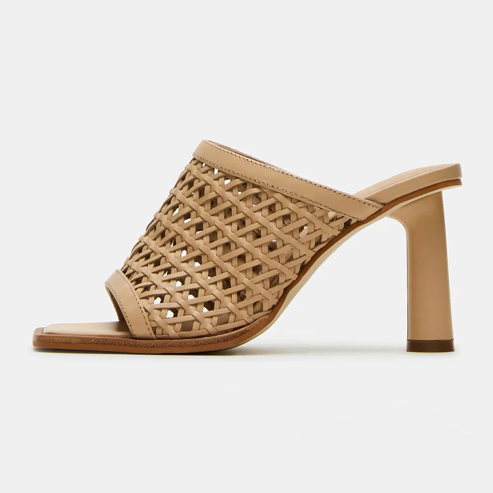 Nude Vegan Leather Woven Cylinder Heel Open Toe Slide Sandals