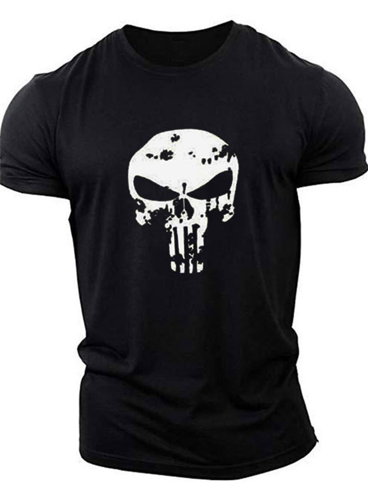 Sports Casual Men's Short-sleeved T-shirt Cotton Solid Color Bottoming Shirt Round Neck Skull Pattern T-shirt