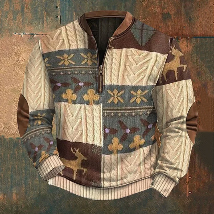 Utbros Men's Retro Western Textured Print Zip-Up Knit Sweatshirt