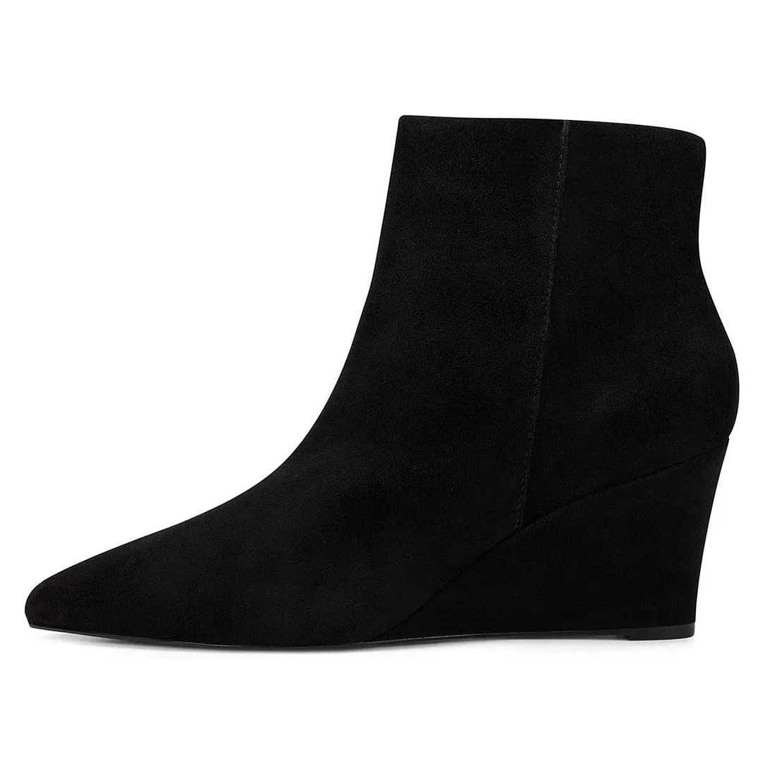 Vegan Suede Pointed Toe Wedge Heel Zipper Short Booties in Black