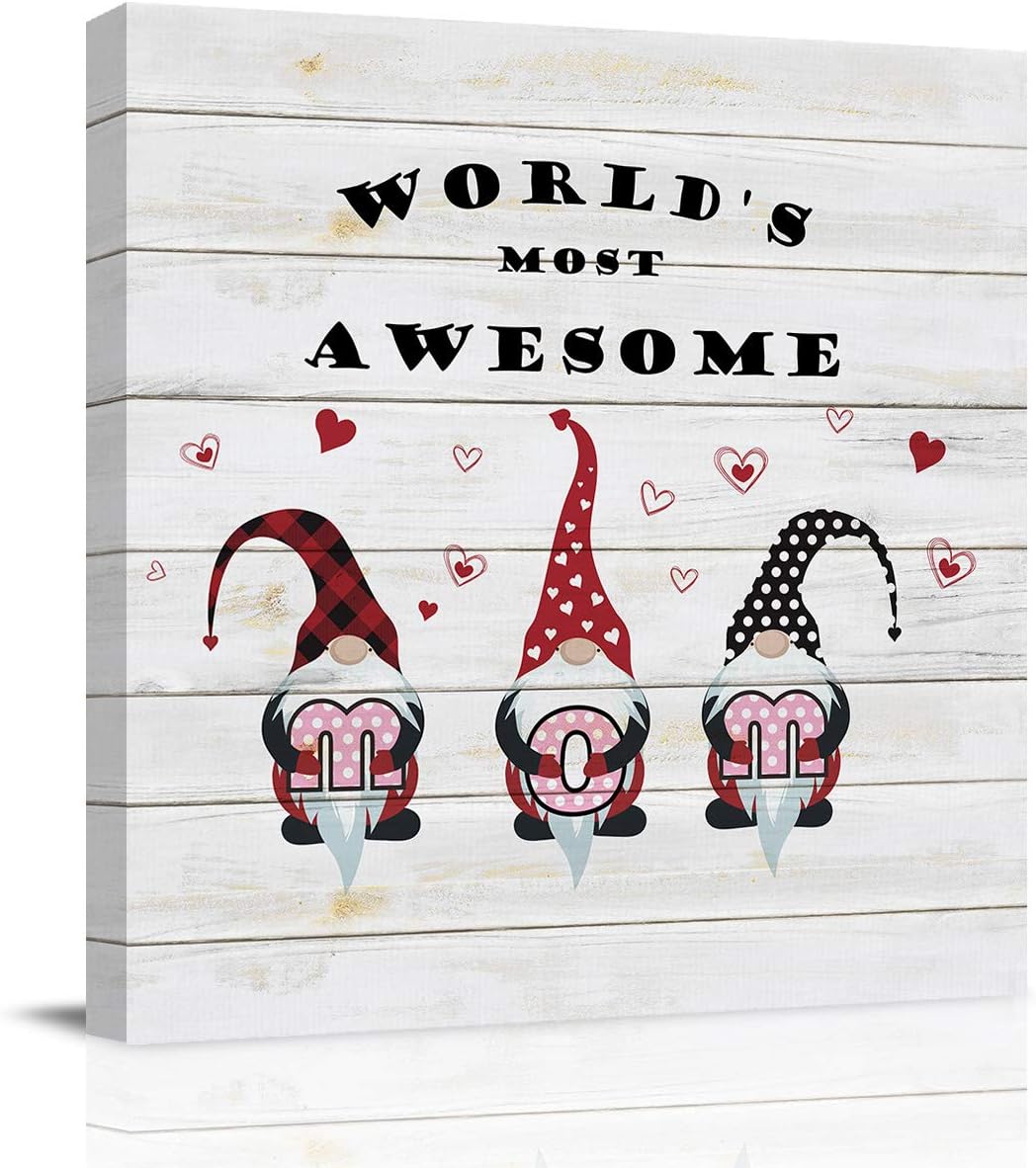 Canvas Wall Art for Living Room WORLD'S MOST AWESOME MOM Wooden Board Canvas Prints Picture Framed Wall Decor for Holiday Bedroom Bathroom Framhouse Office Home Decoration, 12 inch x12 inch  12 x 12 in