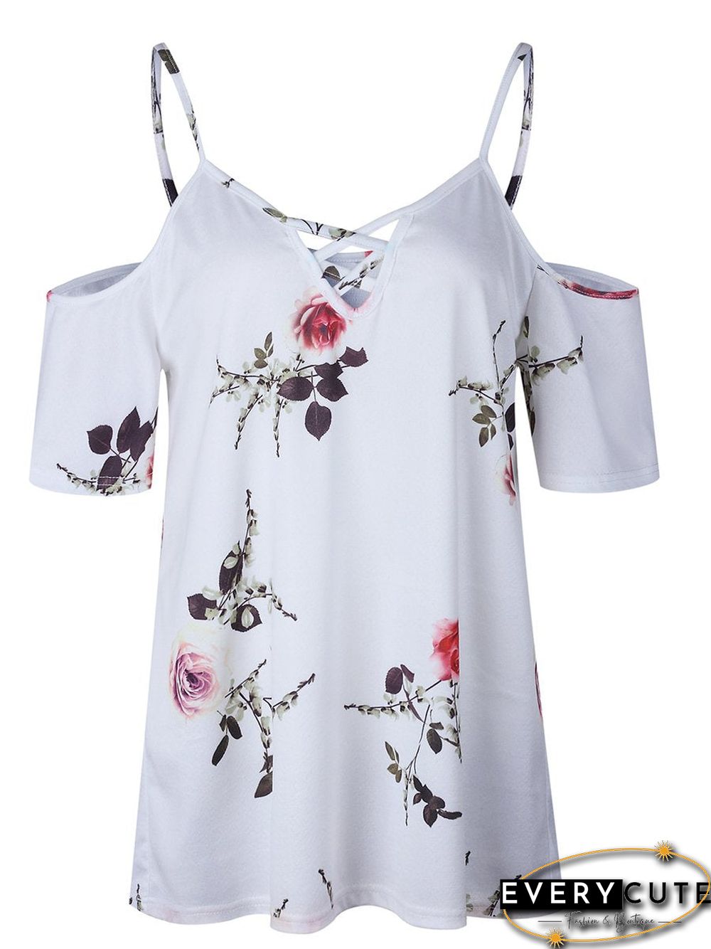 Cold Shoulder Straps Short Sleeves Floral T-Shirt Top