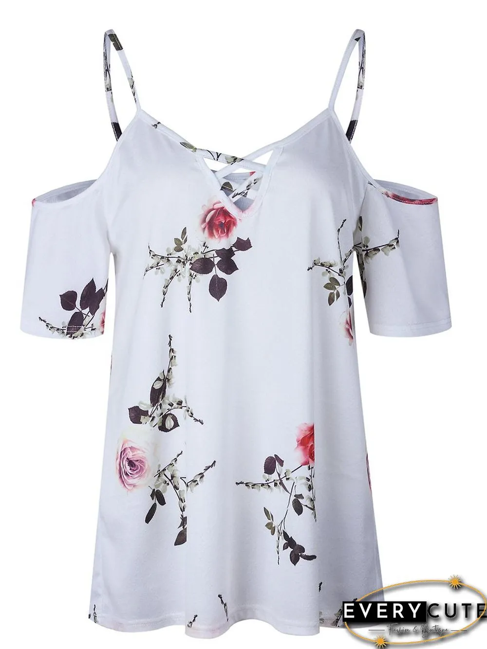 Cold Shoulder Straps Short Sleeves Floral T-Shirt Top