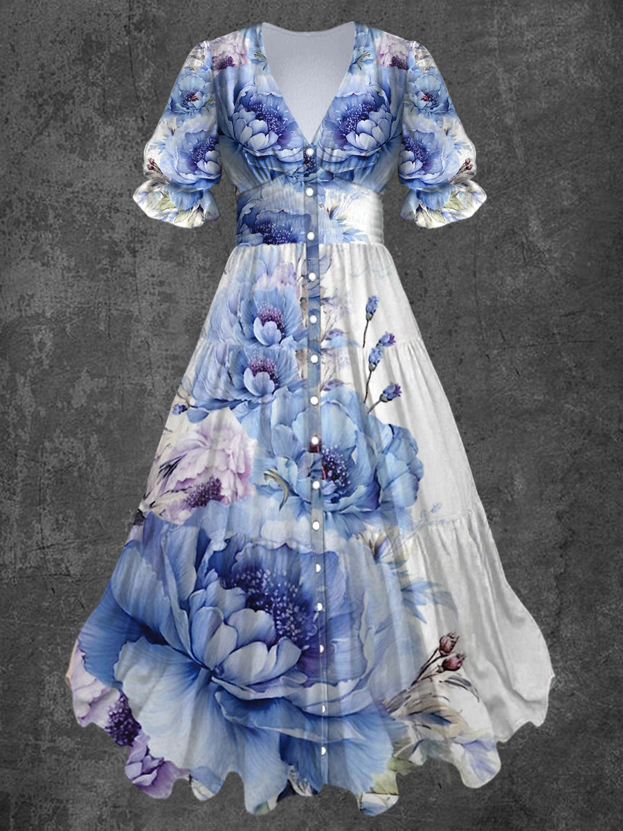 Retro Floral Art Print Chic V-Neck Button Up Short Sleeve Midi Dress