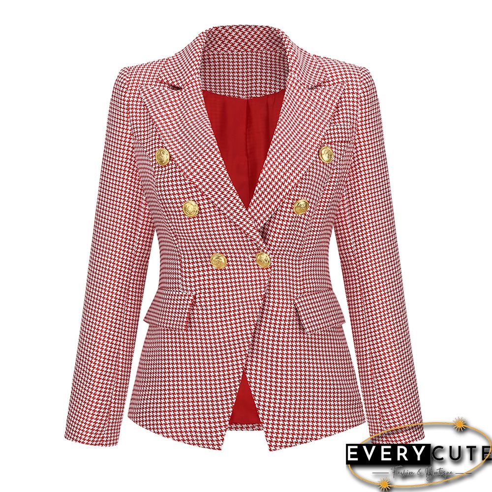 Red Double-breasted Houndstooth Blazer