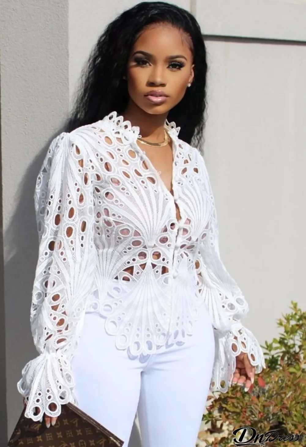 Fall Sexy White Hollow Out Long Sleeve Shirt