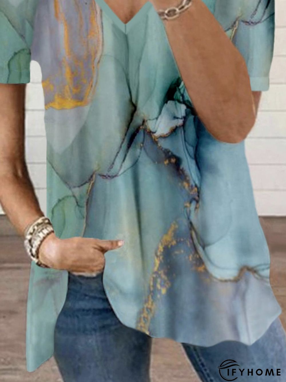 Abstract Printed Casual V Neck Short Sleeve Casual Tunic T-Shirt | IFYHOME