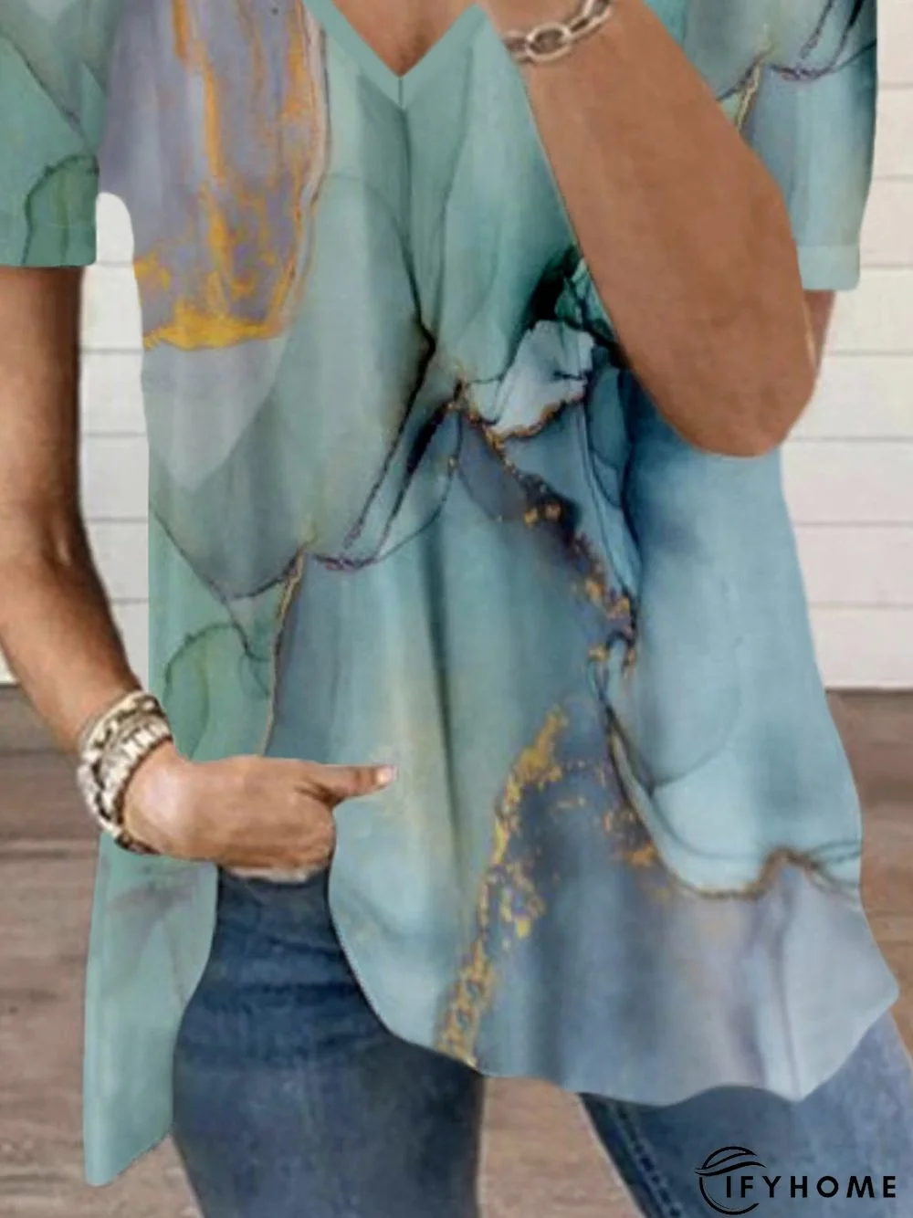 Abstract Printed Casual V Neck Short Sleeve Casual Tunic T-Shirt | IFYHOME