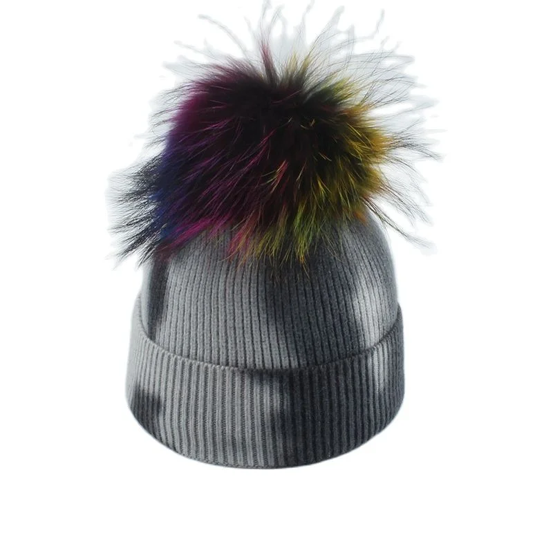 2021 New Fashion Winter Thicken Knitted Hats Warm Real Racoon Fur Pompom Unisex Beanie Tie-dyed Cap Adults Head Cover