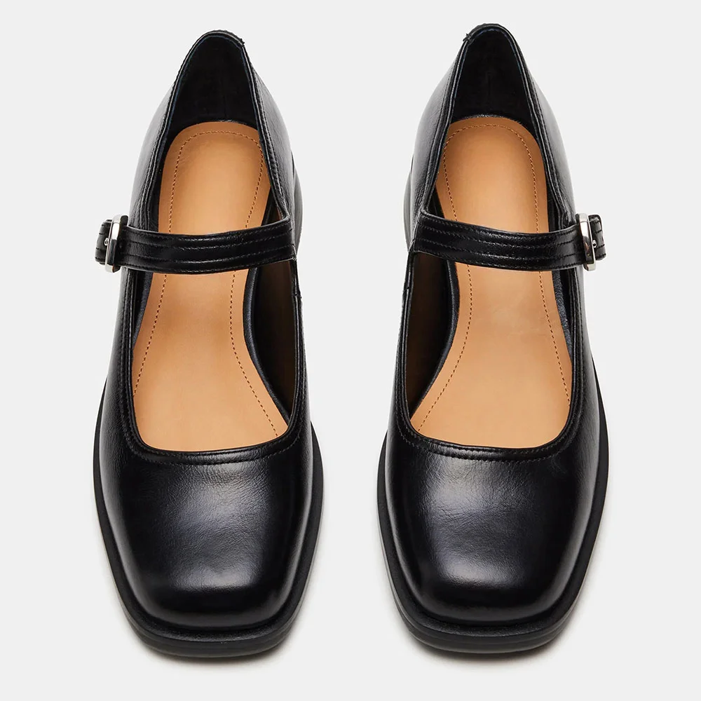 Classic Black Faux Leather Flat Square Toe Buckle Strap Mary Jane Shoes