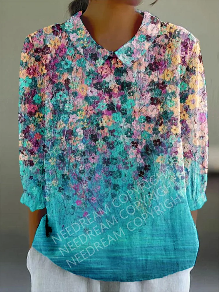 Womens Vintage Oil Painting Colorful Floral Pattern Casual Cotton And Linen Top