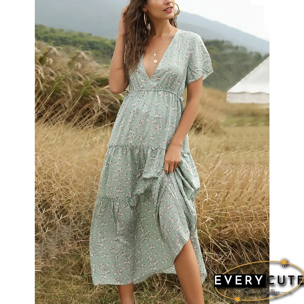 Green Tiered Ruffle Detail V Neck Floral Dress