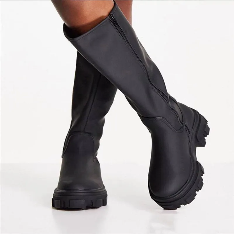 New Women's High Boots Knee-high PU Leather Boots Platform High Heels For Women's Shoes 2021 Autumn Winter Zip Boots Botas Mujer 211