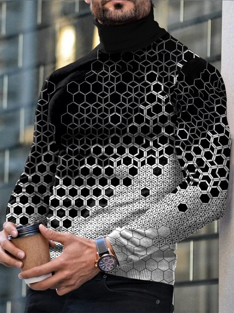 Men's Casual Geometric Business Print Turtleneck Long Sleeve