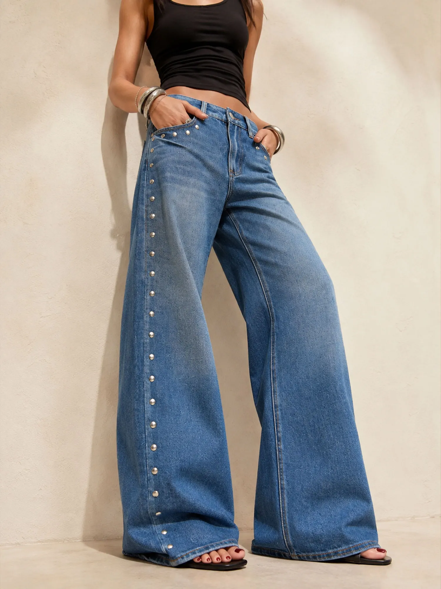 Perfect for a Western Rodeo Championship &mdash; Medium Wash Blue Side Studded Wide Leg Cotton Denim 2026 Autumn Jeans for Women