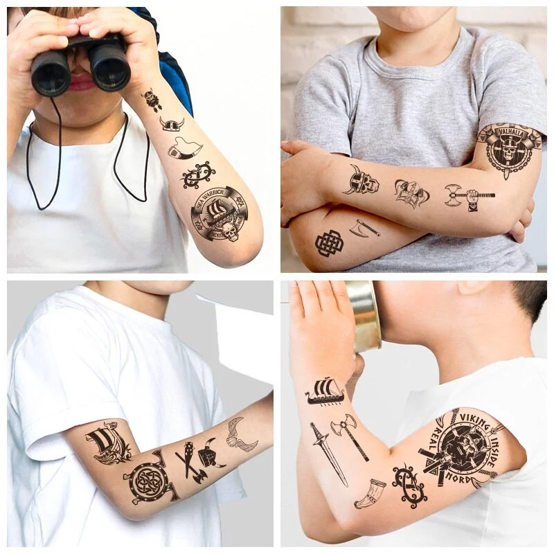 10pcs/set Black Vikings Pirates Temporary Tattoo Children Makeup Boy Body Sticker Disposable tatouage temporaire Gift For Kids