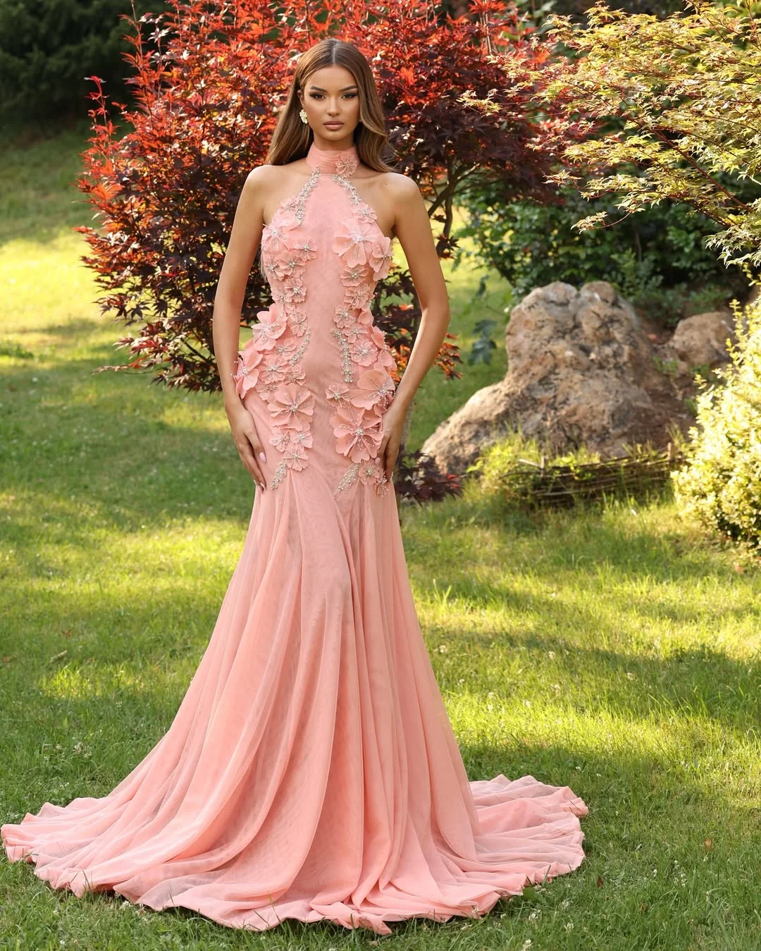 Dreamy Pink Applique Sleeveless High Neck Halter Prom Dress YK0241