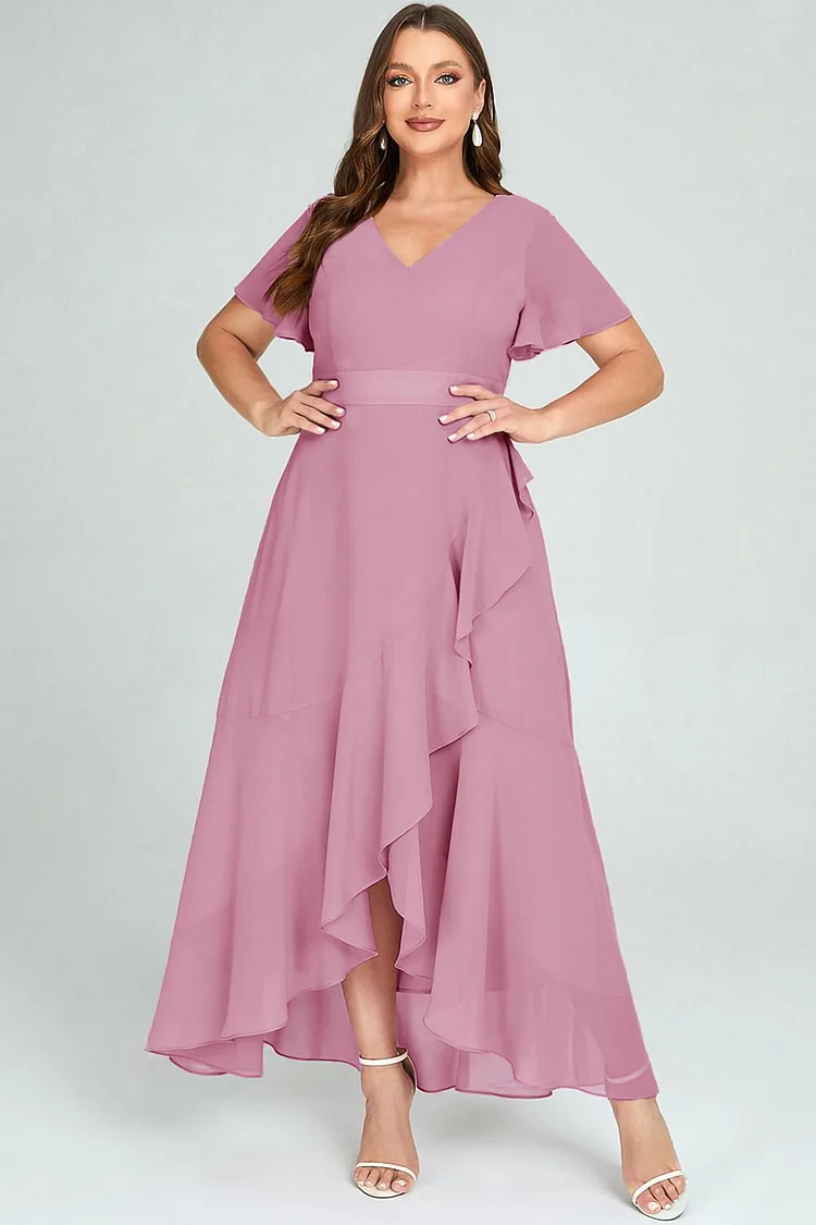 Flycurvy Plus Size Semi Formal Orchid Chiffon V Neck Ruffle Hem Ruffle Maxi Dress  Flycurvy [product_label]