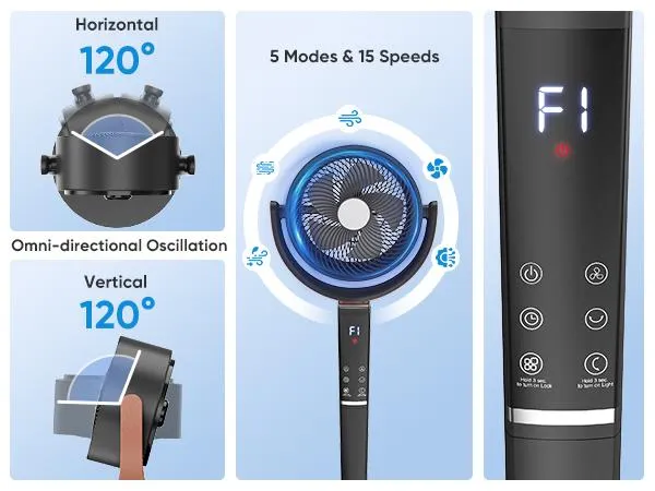 Bedroom Pedestal Fan, Quiet 20dB DC Air Circulator, 15 Speeds 5 Modes, 120° Oscillation, 12H Timer, 1050CFM Airflow, 37-45" Adjustable Height, LED Light, Standing Fan with Remote
