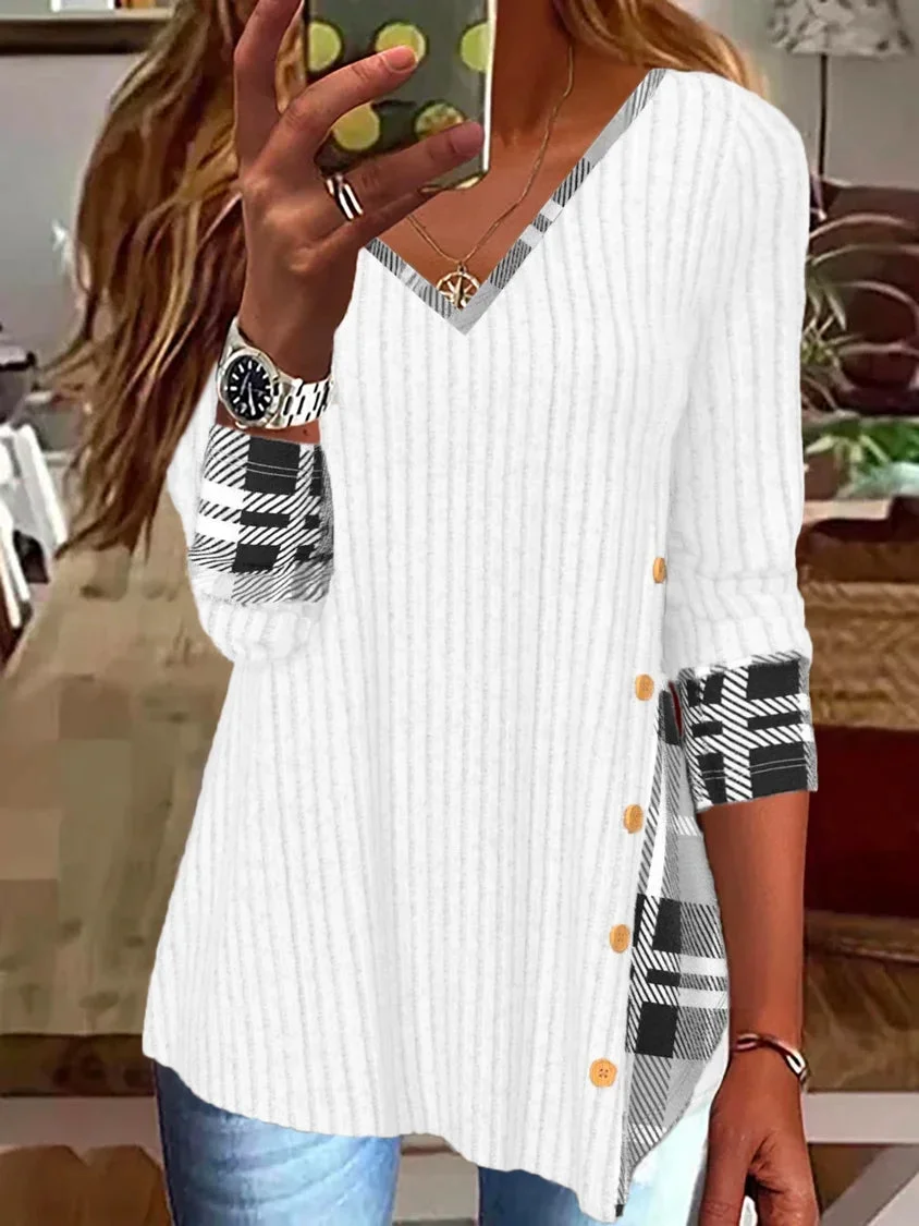 Women plus size clothing Women Long Sleeve V-neck Plaid Stitching Sweaters Tops-Nordswear