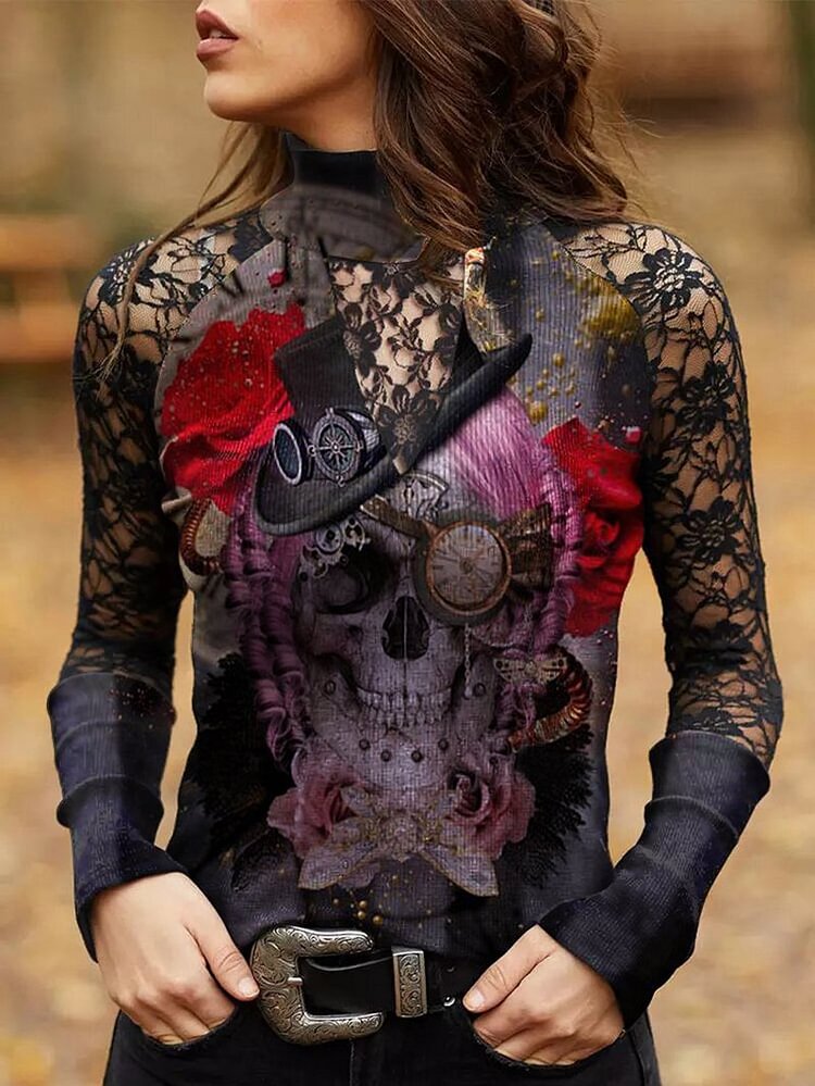 Long sleeve spliced lace print top