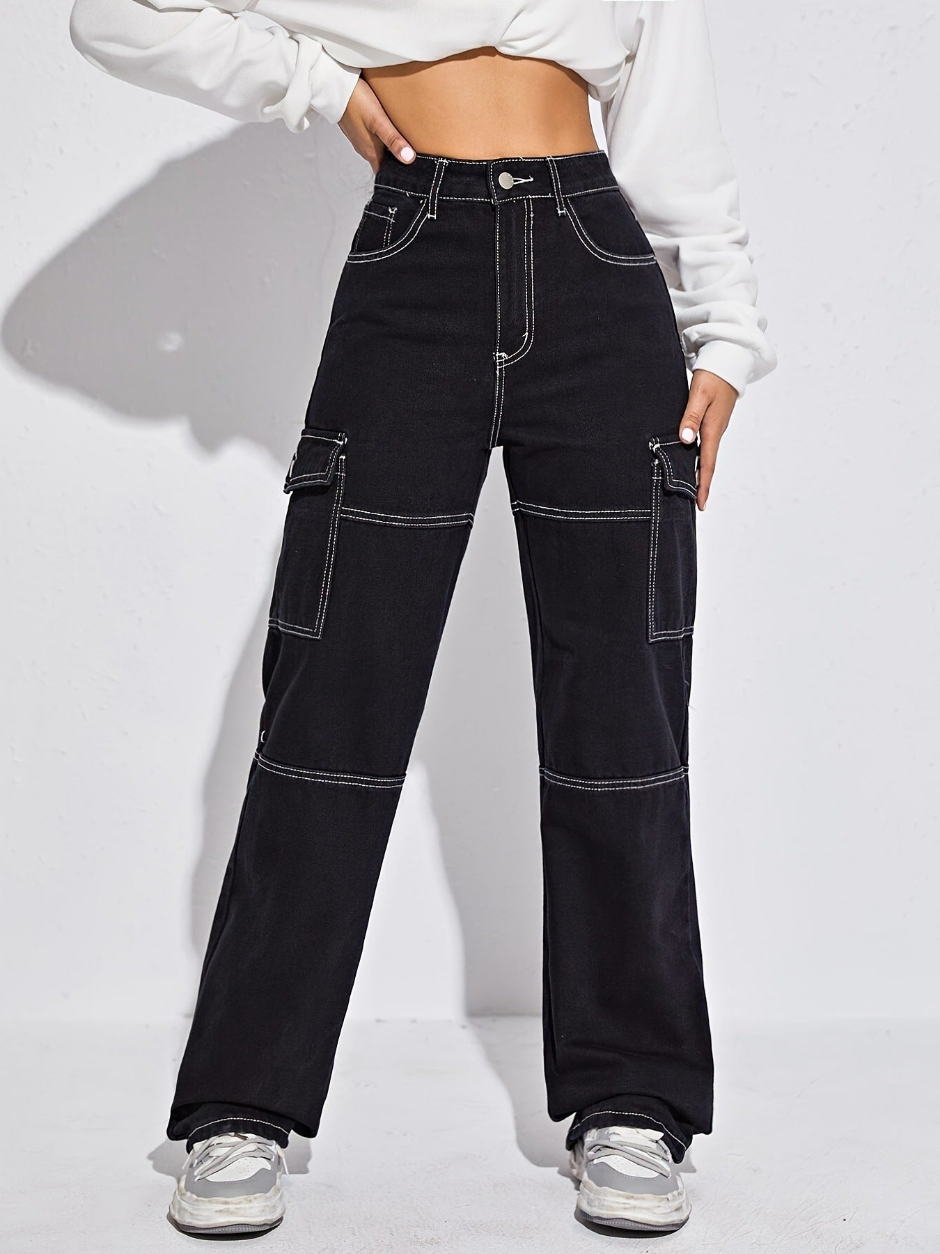 Aiertu black sweater dress outfit Women's Pocket Straight Jeans Black Pants aiertu