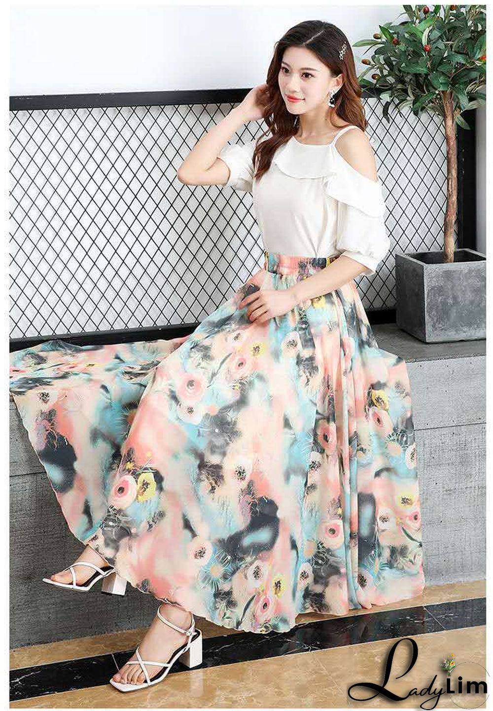Drooping chiffon skirt, sweet style printed skirt, spring and summer ladies beach skirt