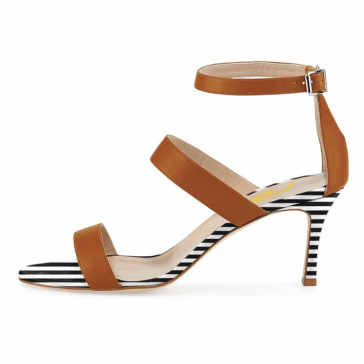 Tan Heels Stripes Stiletto Heel Office Sandals by FSJ |FSJ Shoes