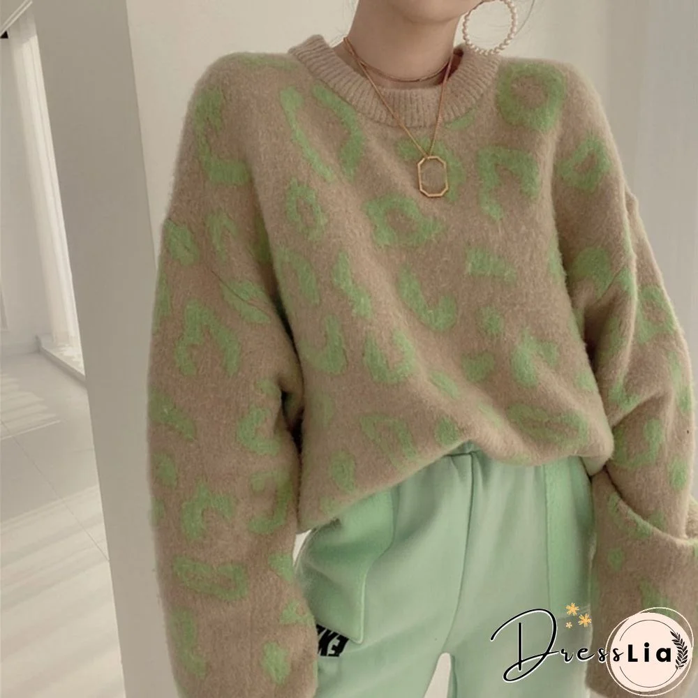 Streetwear Women Vintage Leopard Sweaters Pullovers Autumn Winter Fashion Harajuku Loose O-Neck Lazy Wind Korean Y2k Tops